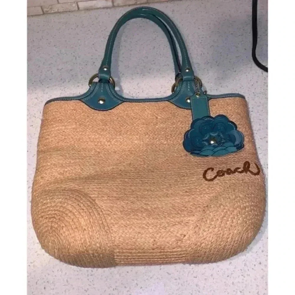Teal accent straw coach purse BH